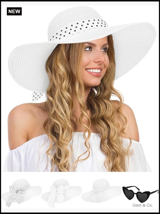 Wide Brim Floppy Straw Sun Hat with Sunglasses and Bows